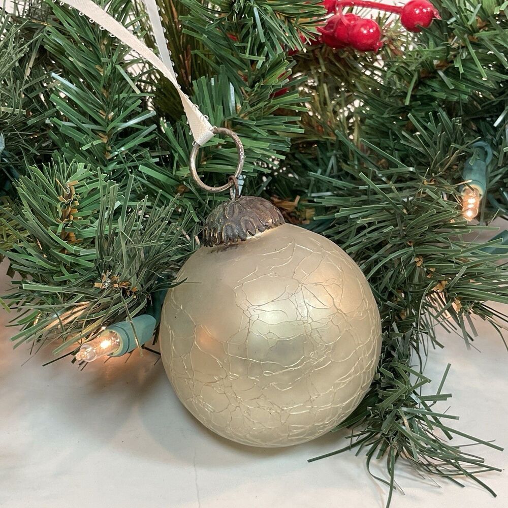 Kugel Style Ornament Frosted Ivory Crackle Glass Christmas Tree 2.75” Vintage
